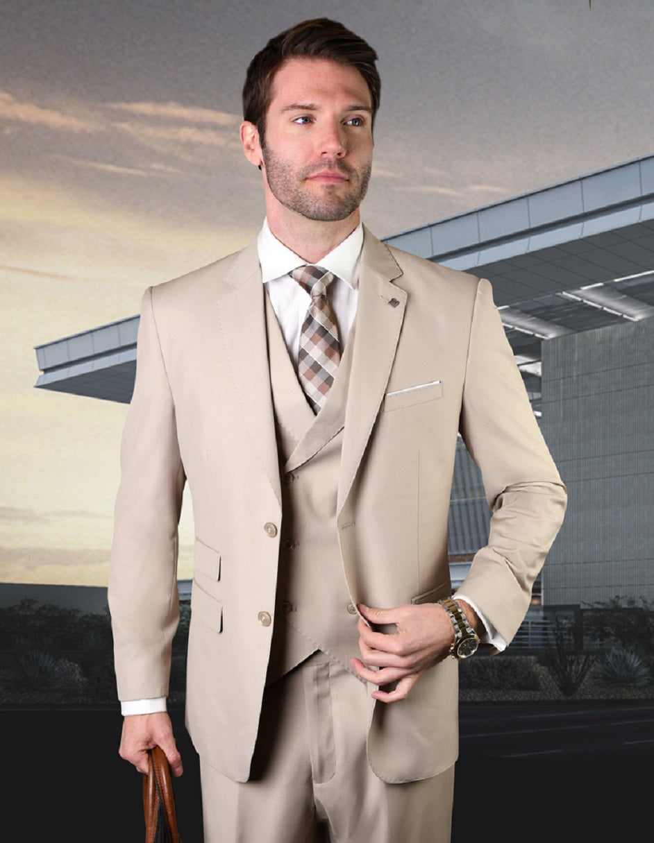 Mens 2 Button Slim Fit Wool Suit With Double Breasted Vest in Tan - 40 Regular
