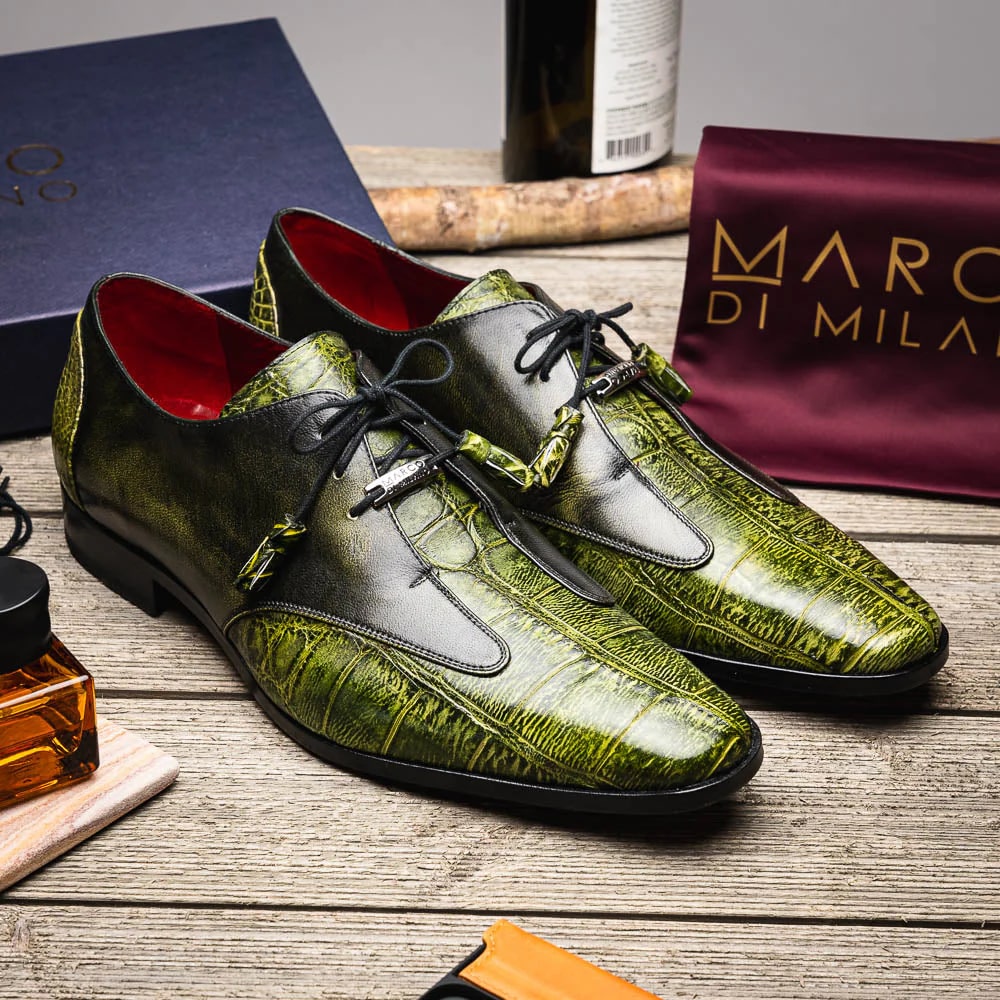 Marco Di Milano Anzio Exotic Alligator & Calfskin Leather Green Oxfords - 6