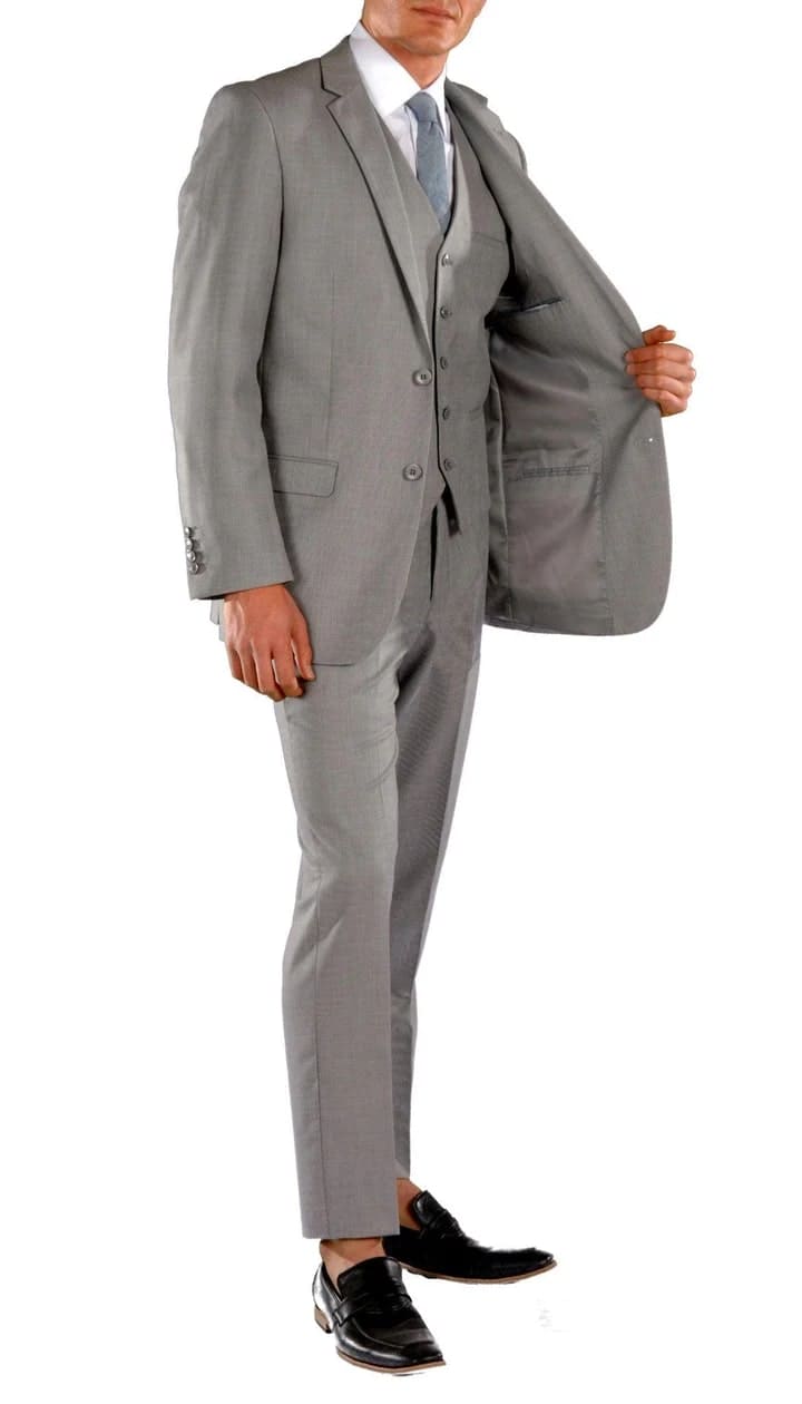 Jax Light Grey Slim Fit 3 Piece Suit - 38 Short Jacket+32 Waist Adjustable 28to34)(Height: 5 4 to5 7 )(Neck  15-16.5)S-M)