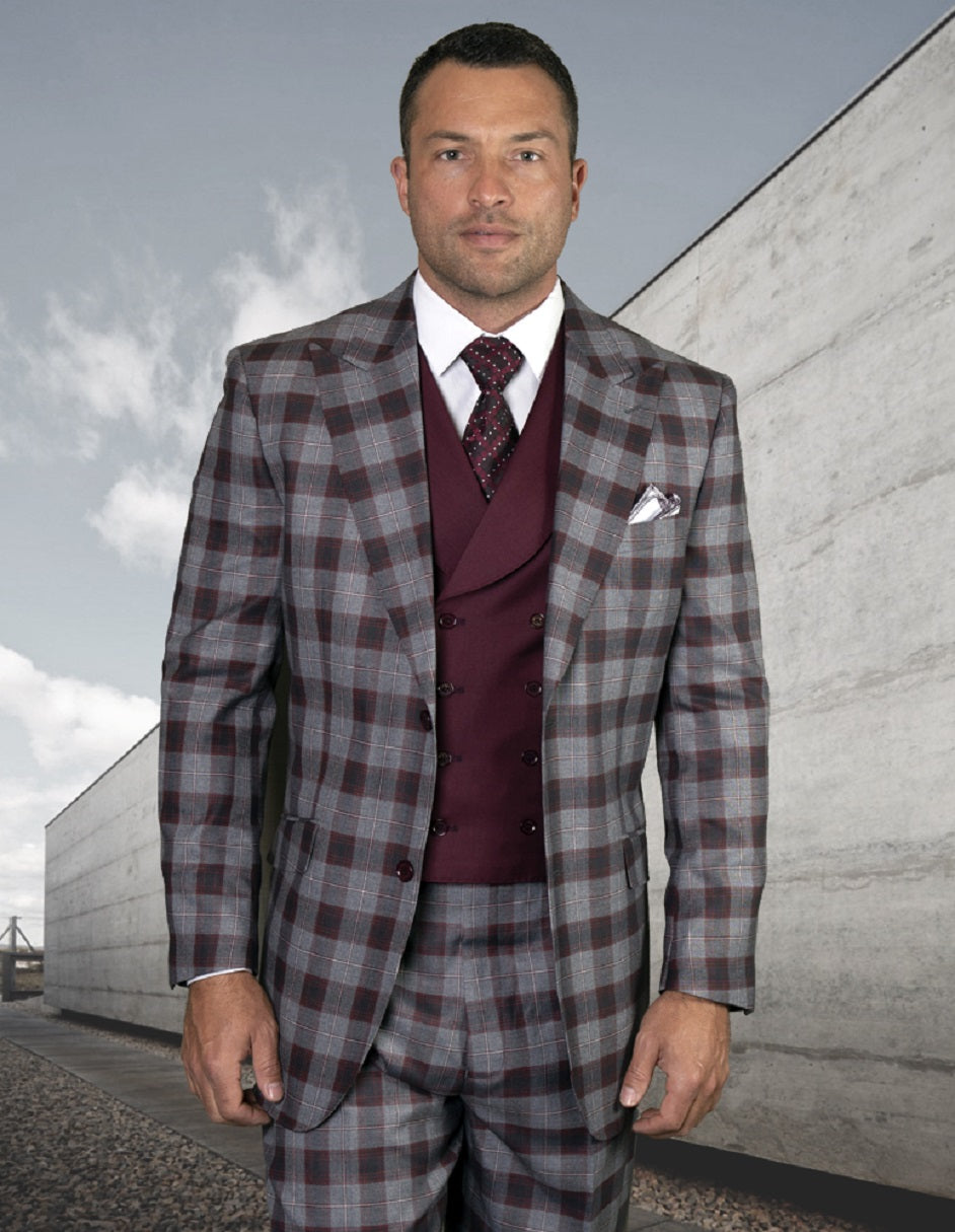 Mens 2 Button Peak Lapel Wool Suit with Double Breasted Vest in Burgundy Plaid - 34 Short
