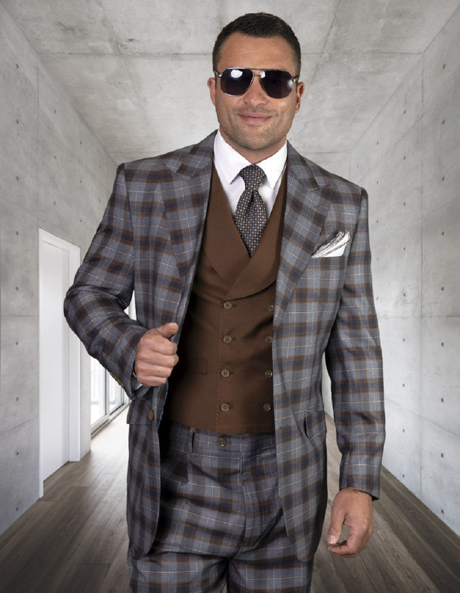 Mens 2 Button Peak Lapel Wool Suit with Double Breasted Vest in Copper Plaid - 34 Short