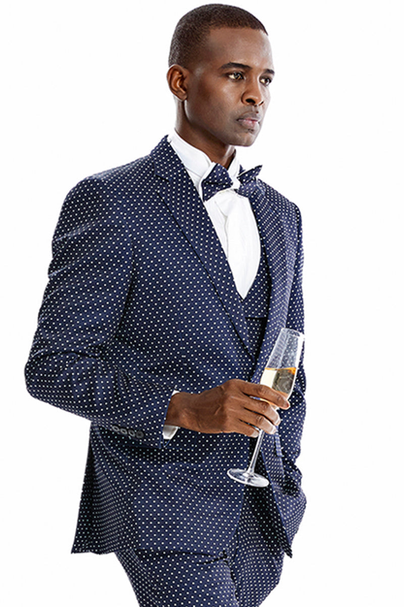 "Polka Dot Prom Suit for Men - One Button Vested in Navy Blue & White"