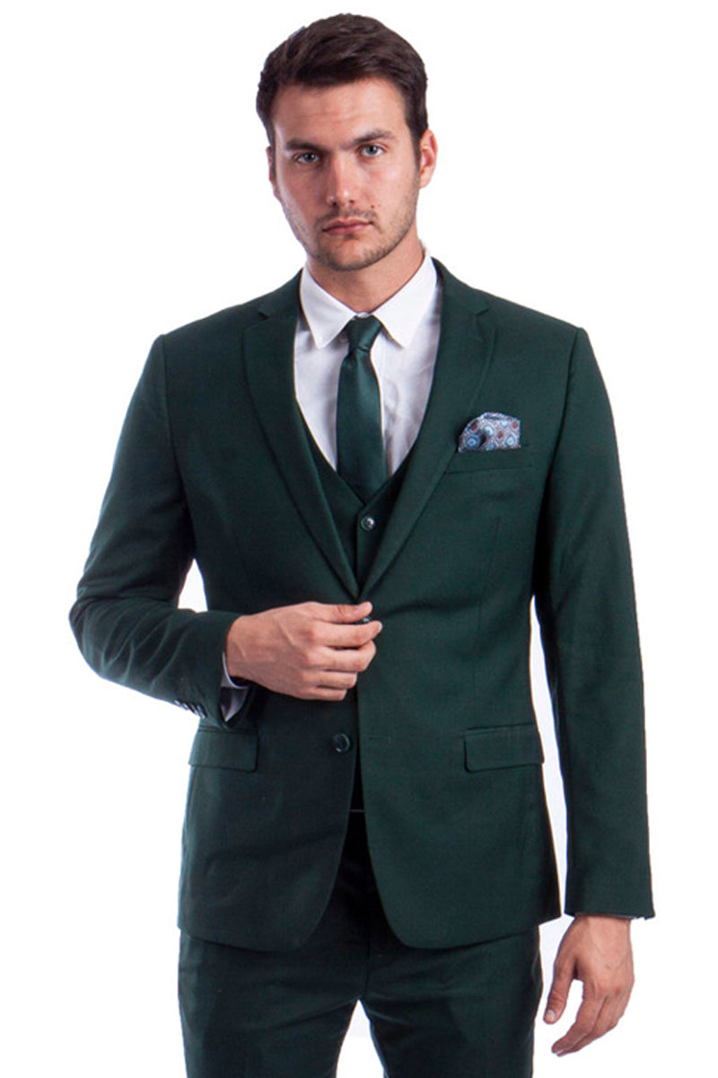 "Forest Green Men's Slim Fit Two Button Vested Suit - Solid Basic Color"