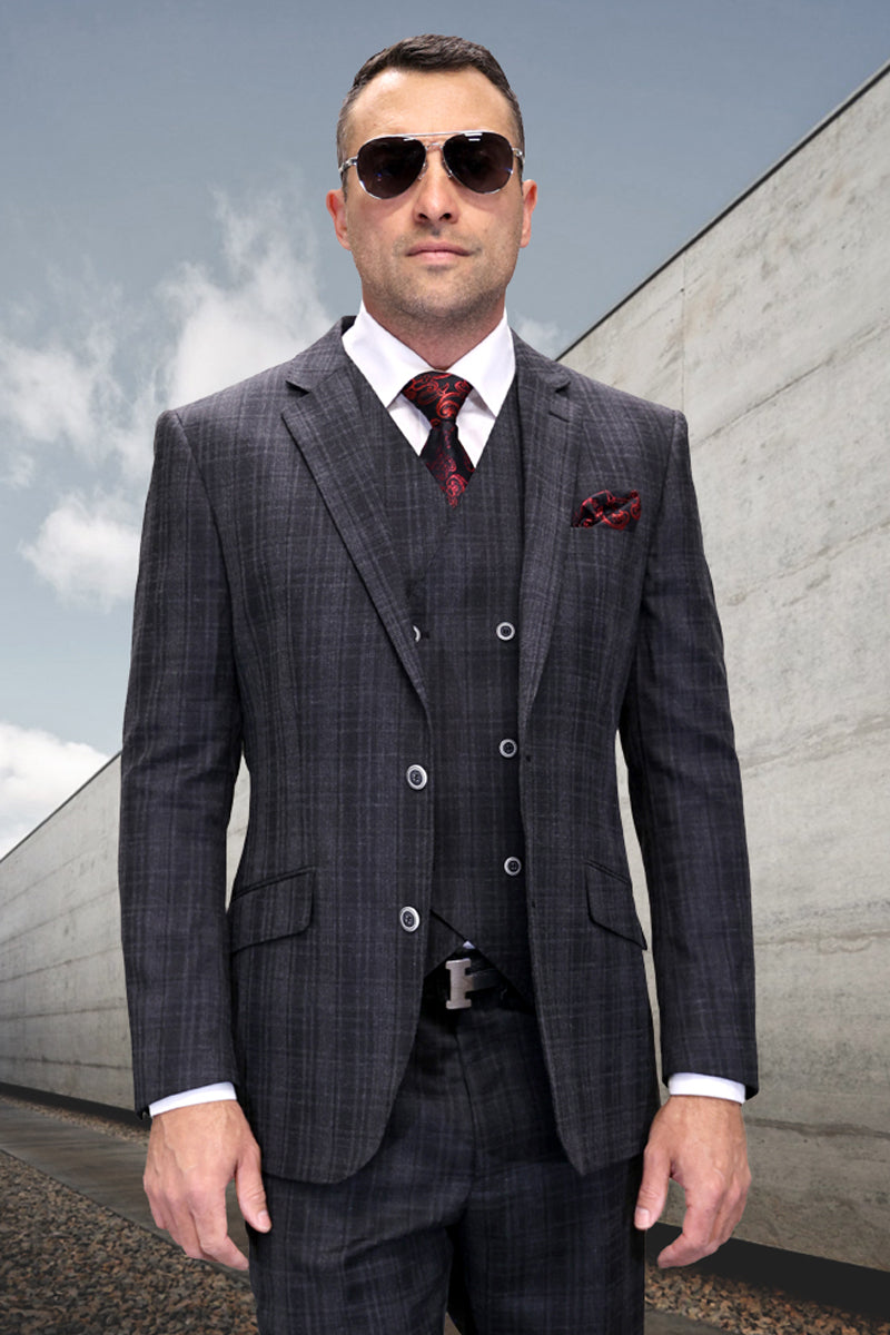 Men's Designer Wool Vested Modern Fit Plaid Windowpane Suit in Charcoal Grey - 36 Short