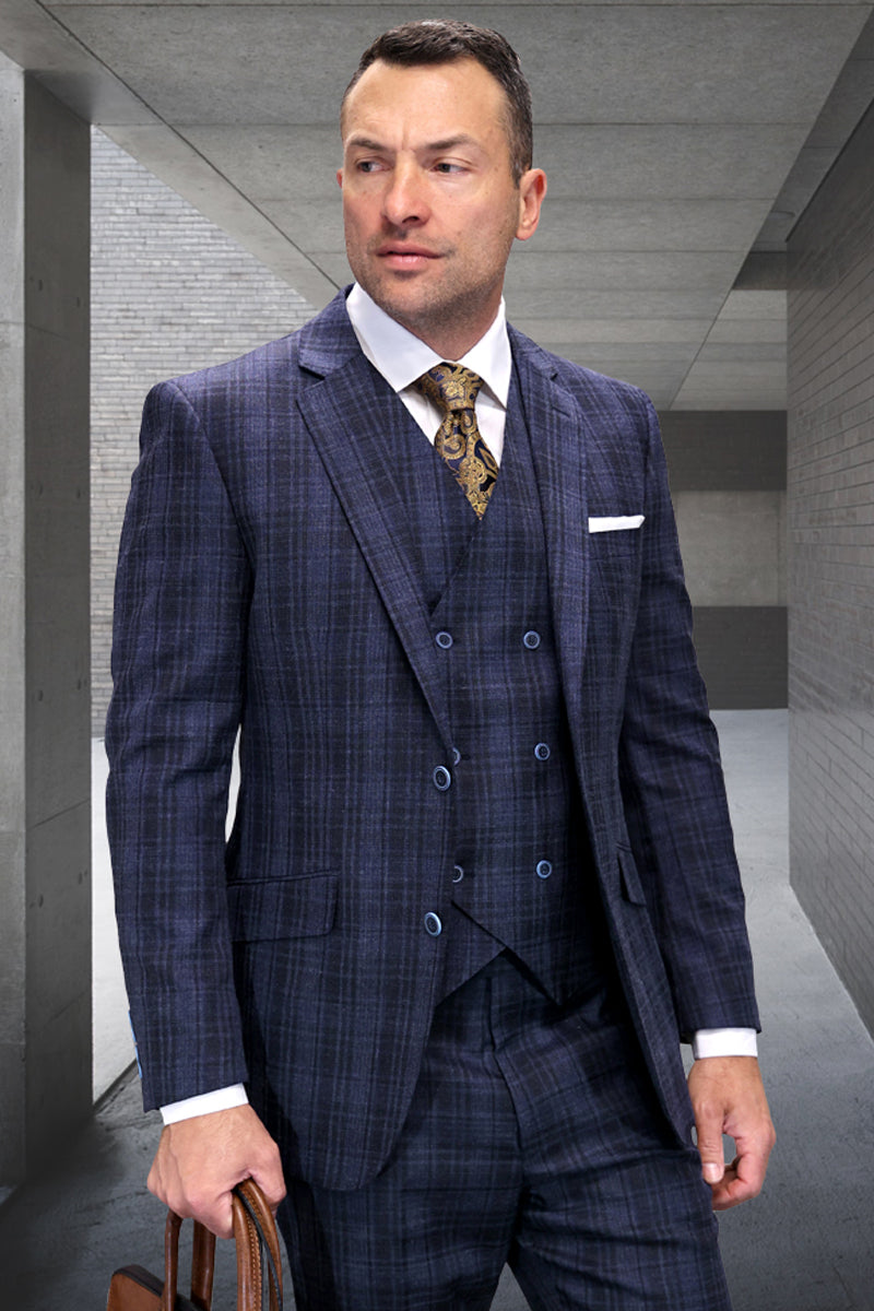 Men's Designer Wool Vested Modern Fit Plaid Windowpane Suit in Sapphire Blue - 36 Short