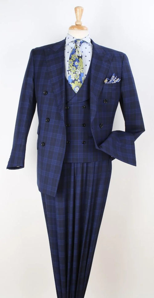 Apollo King Men's Outlet 3 Piece 100% Wool Suit Fashion Windowpane-New Designer Collection