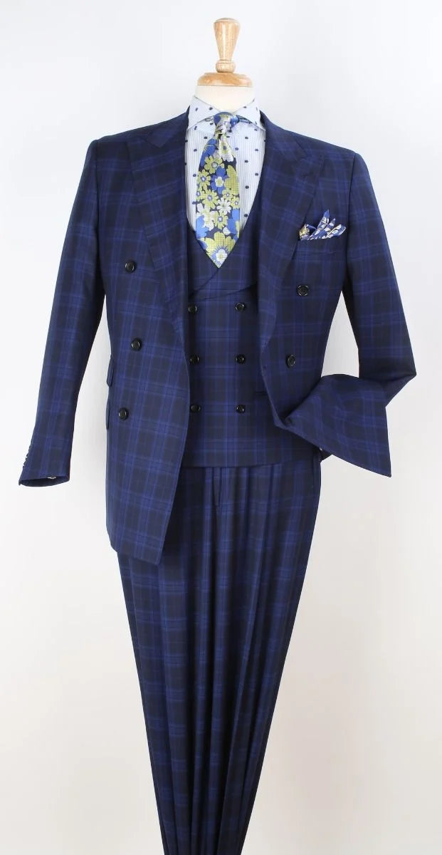 Apollo King Men's Outlet 3 Piece 100% Wool Suit Fashion Windowpane-New Designer Collection - 40L