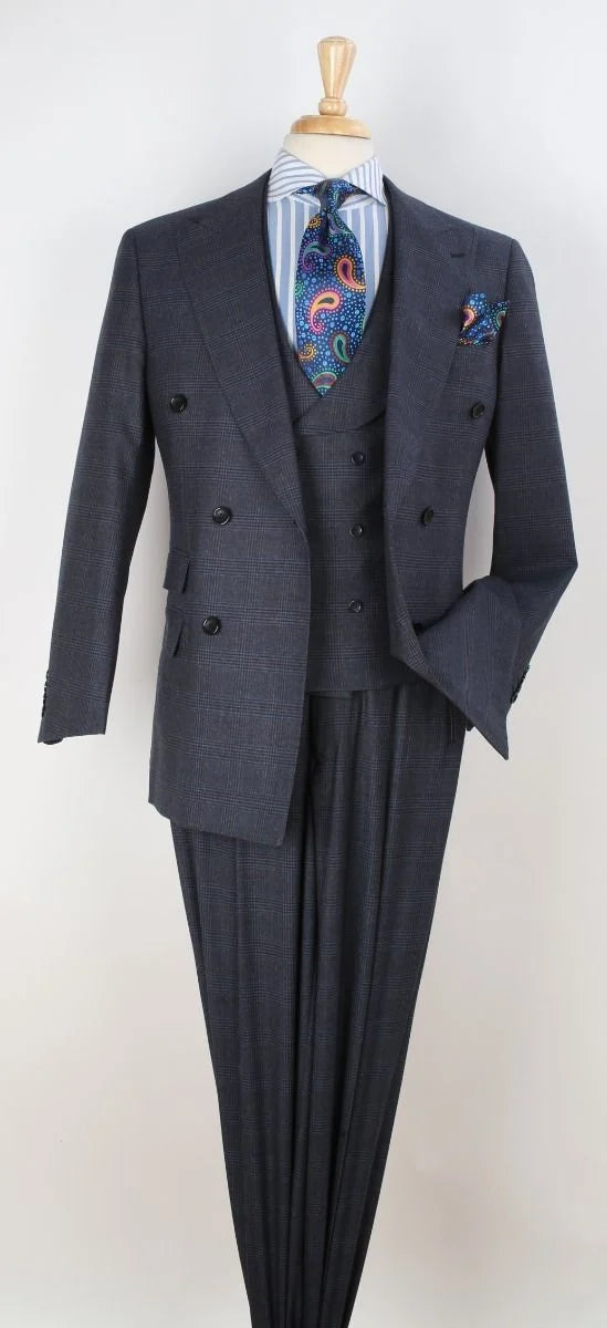 Apollo King Men's Outlet 3 Piece 100% Wool Suit Fashion Windowpane-New Designer Collection - 40L