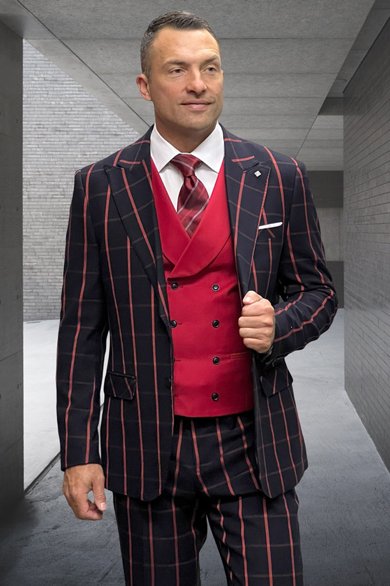 Men's Designer One Button Peak Lapel Vested Wool Suit in Black & Red Bold Windowpane Plaid - 36 Short