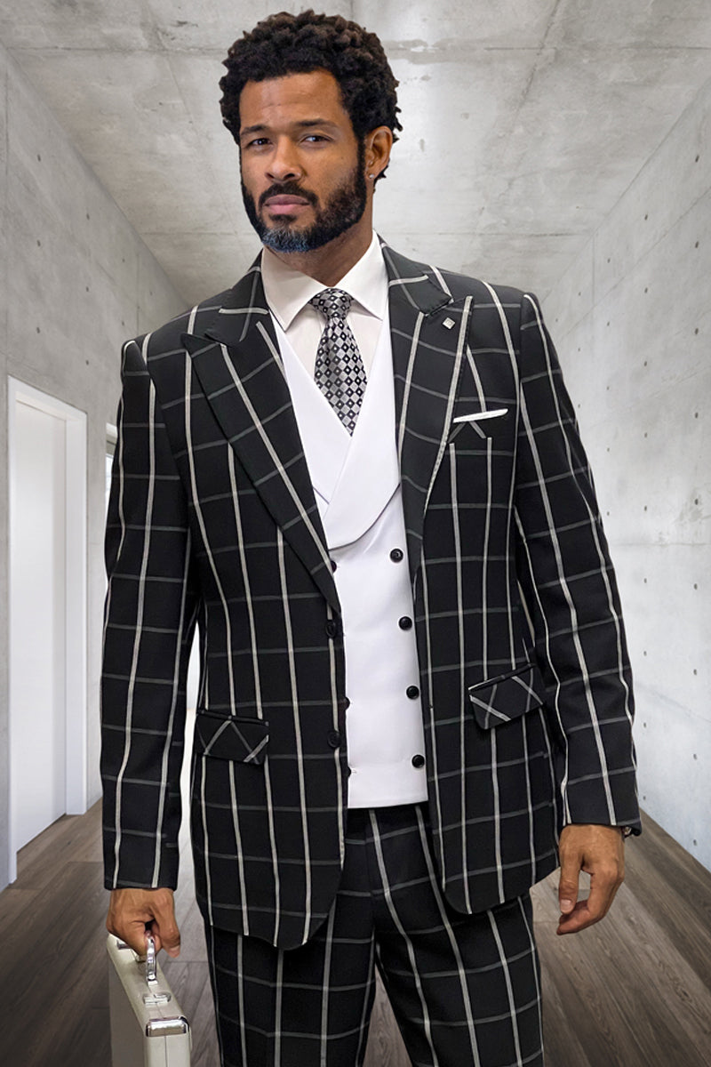 Men's Designer One Button Peak Lapel Vested Wool Suit in Black & White Bold Windowpane Plaid - 36 Short