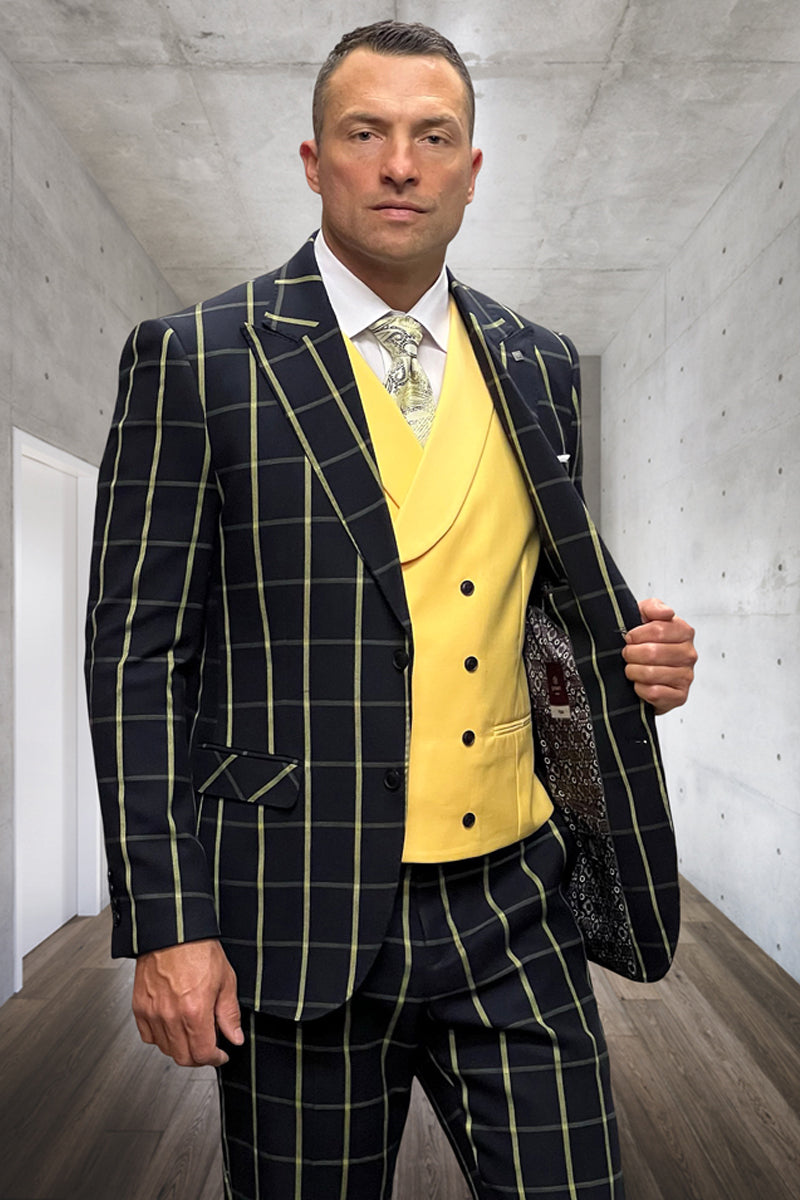 Men's Designer One Button Peak Lapel Vested Wool Suit in Black & Yellow Bold Windowpane Plaid - 36 Short
