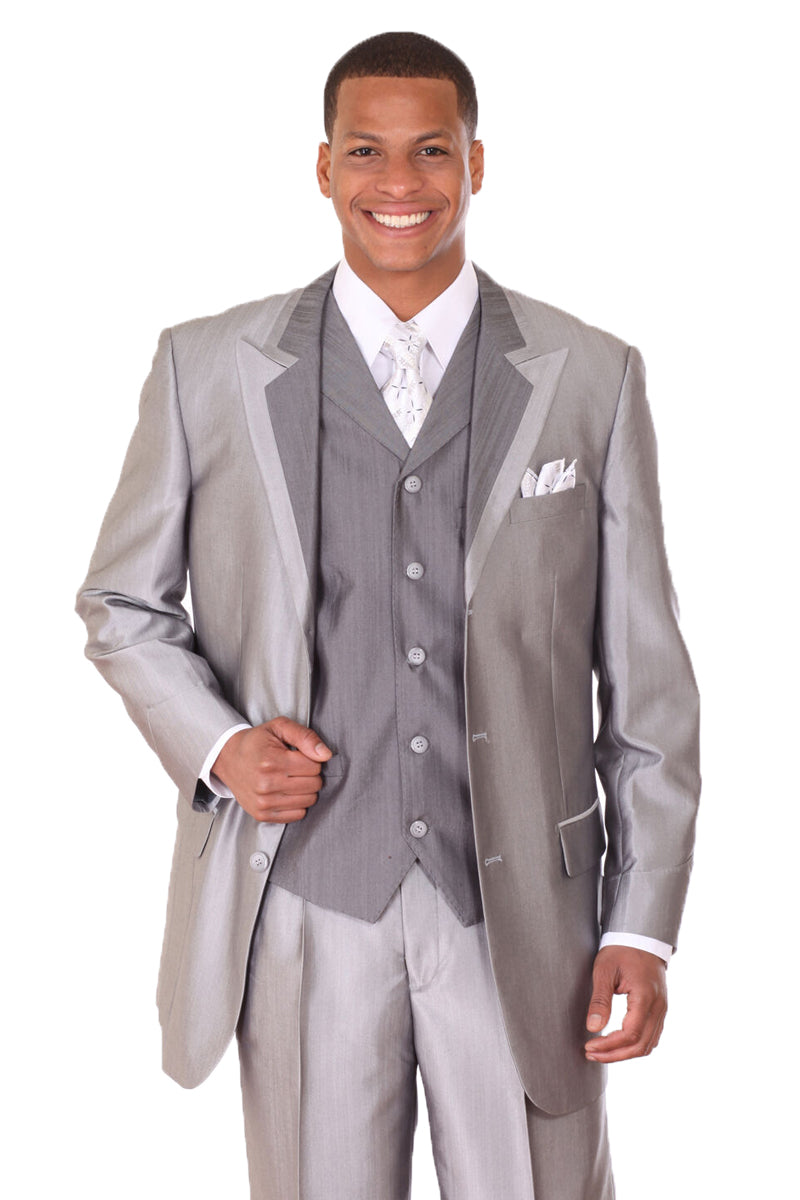 "Sharkskin Suit Men's Silver Grey - 3 Button Vested Wide Peak Lapel"
