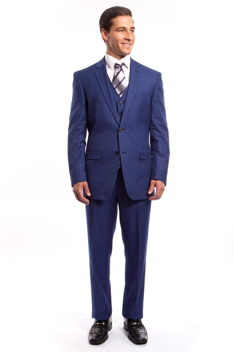"French Blue Pinstripe Men's Business Suit - Two Button Vested Style"