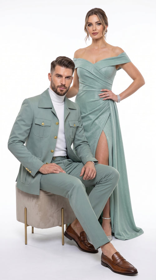 Men’s Olive Green Safari Suit Set, Utility Jacket and Adjustable Waist Pants Casual Outfit
