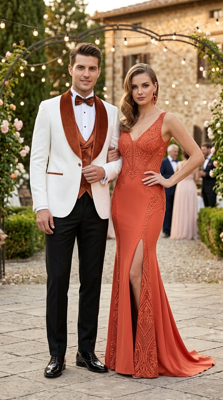 Men’s White Paisley Tuxedo with Burnt Orange Velvet Shawl Lapel, Formal Wedding Prom Dinner Suit - Orange and White