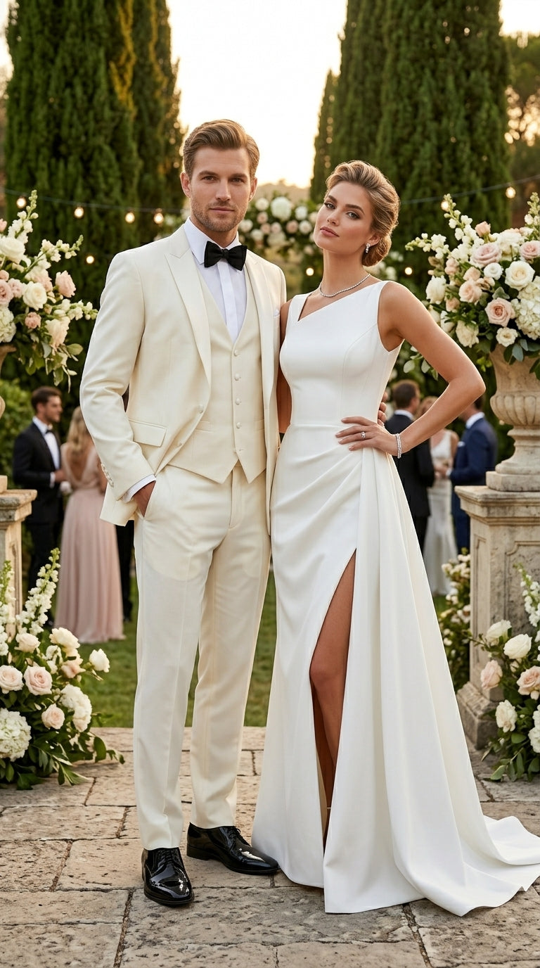 Statement Men’s Off White 100% Wool Vested Tuxedo with White Lapel, Wedding Prom Formal Suit Set