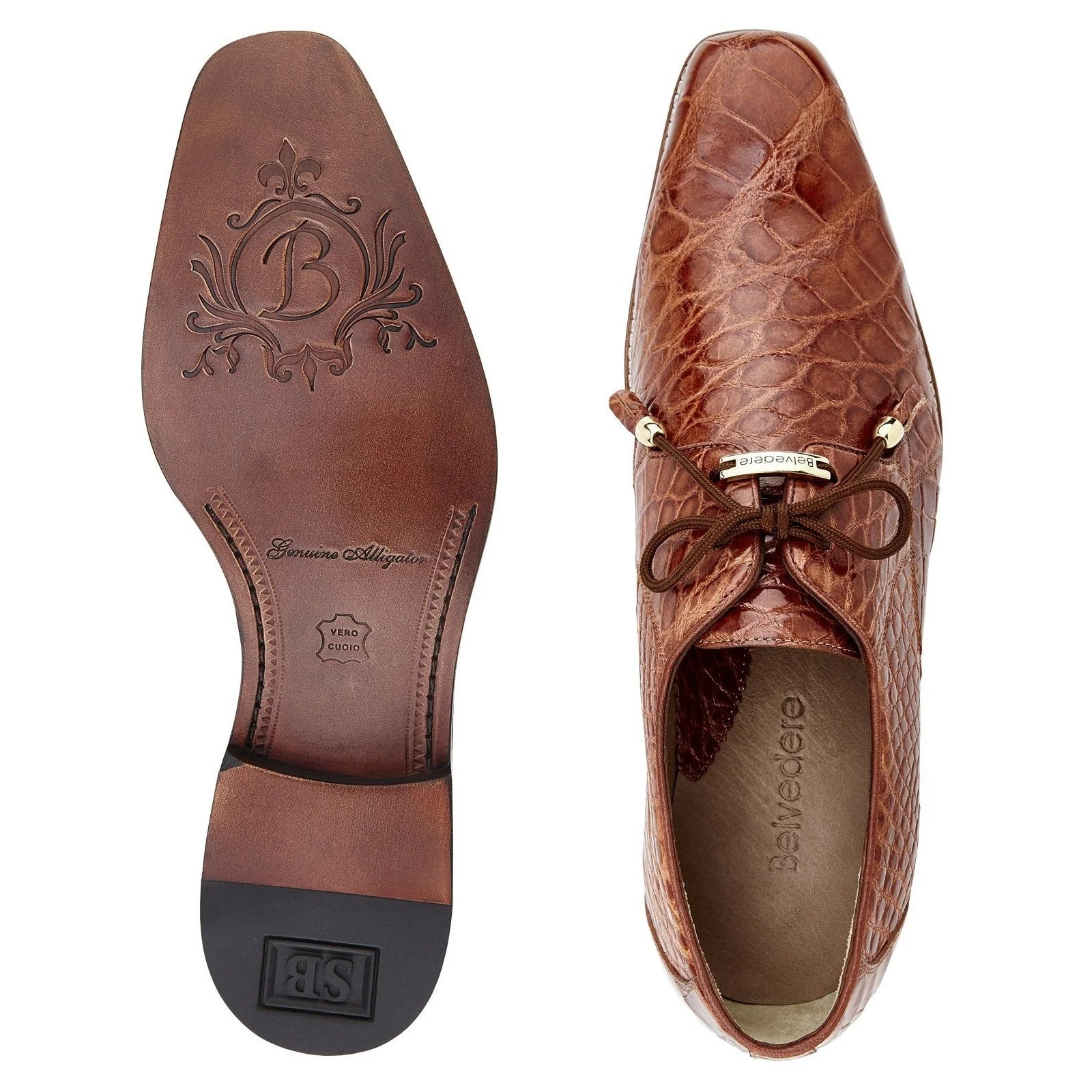 Men's Belvedere Lago Plain Toe American Alligator Dress Shoe in Cognac - 9.5-M