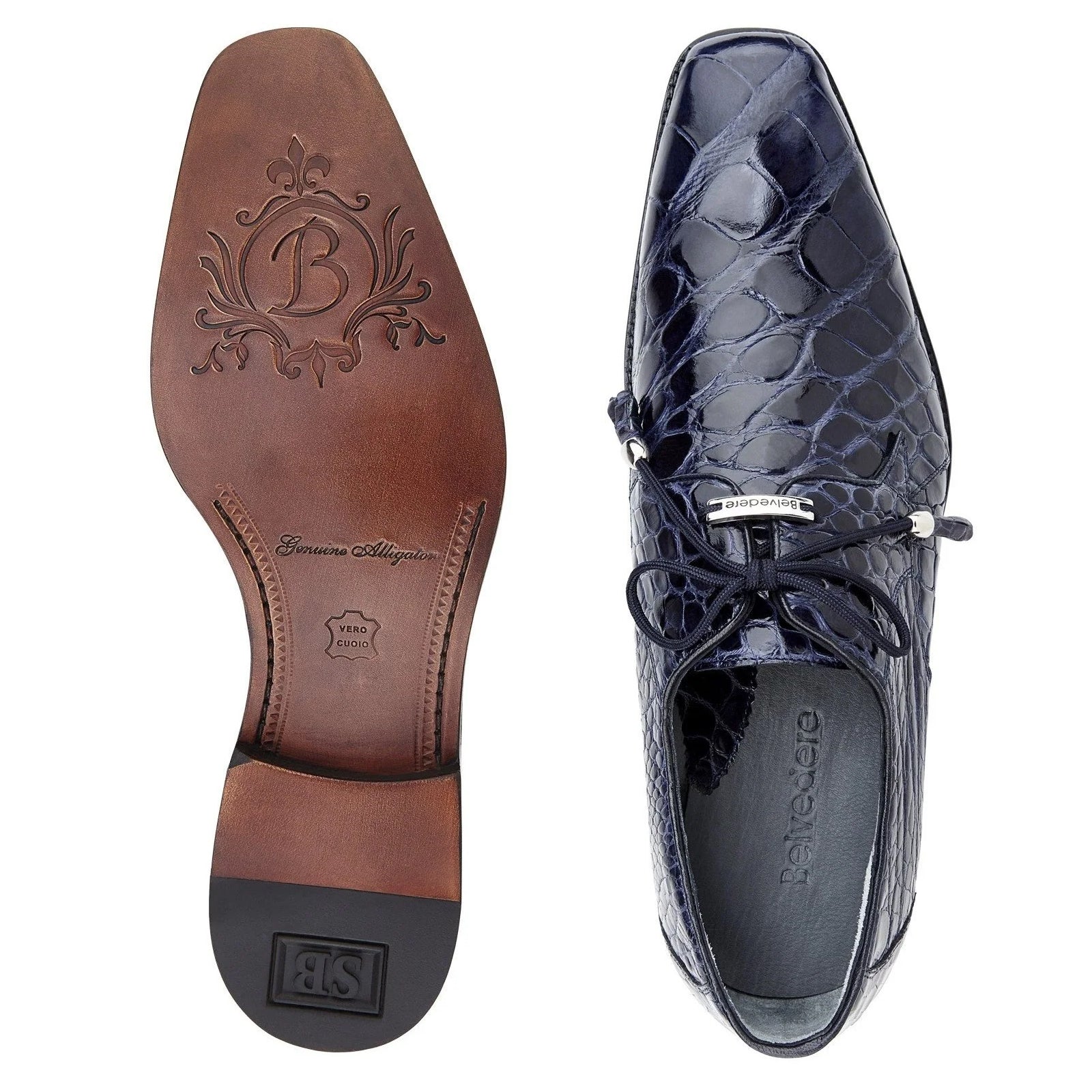 Men's Belvedere Lago Plain Toe American Alligator Dress Shoe in Navy - 9-M