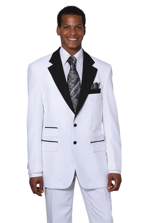 Mens 2 Button Tuxedo with Black Lapel in White suit