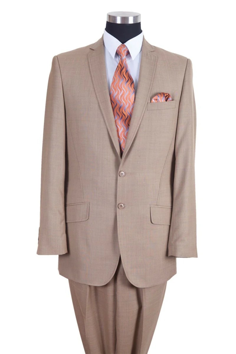 Mens Classic 2PC Pleated Pant Suit with Lapel Stitching in Tan