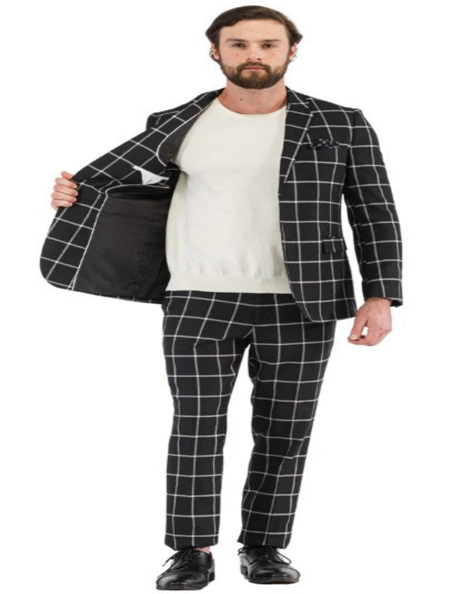 Mens Plaid Suits - Windowpane Pattern With Vest -Business Suit Black - Coat Size 38