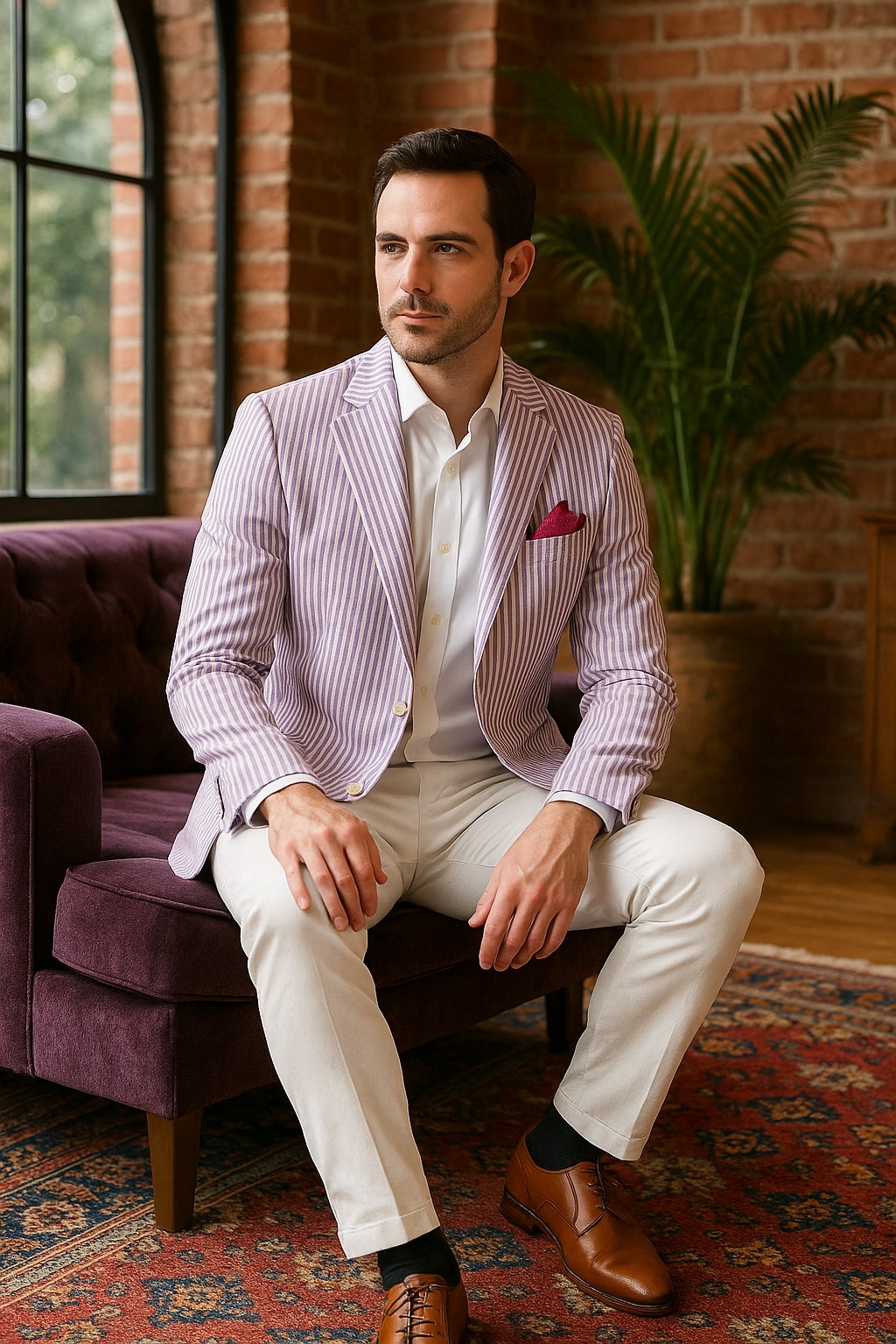Mens Italian Lavender Seersucker Blazer – Lightweight Summer Striped Suit Jacket - 36 Short