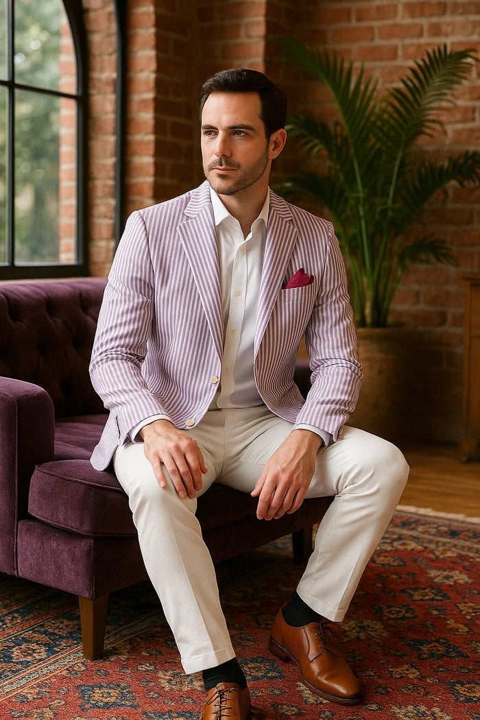 Mens Italian Lavender Seersucker Blazer â€“ Lightweight Summer Striped Suit Jacket