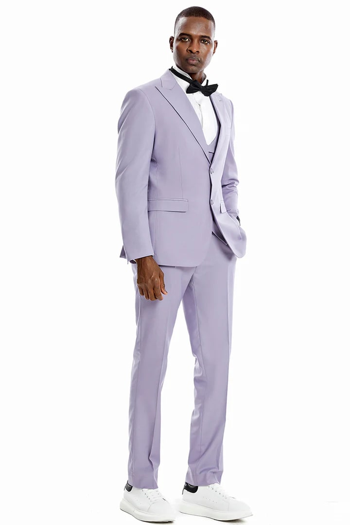Cheap priced Suit  - Men's Two Button Vested Peak Lapel Pastel Wedding & Prom 2025 Lavender Suit - 38 Short Jacket+32 Waist Adjustable 28to34)(Height: 5 4 to5 7 )(Neck  15-16.5)S-M)
