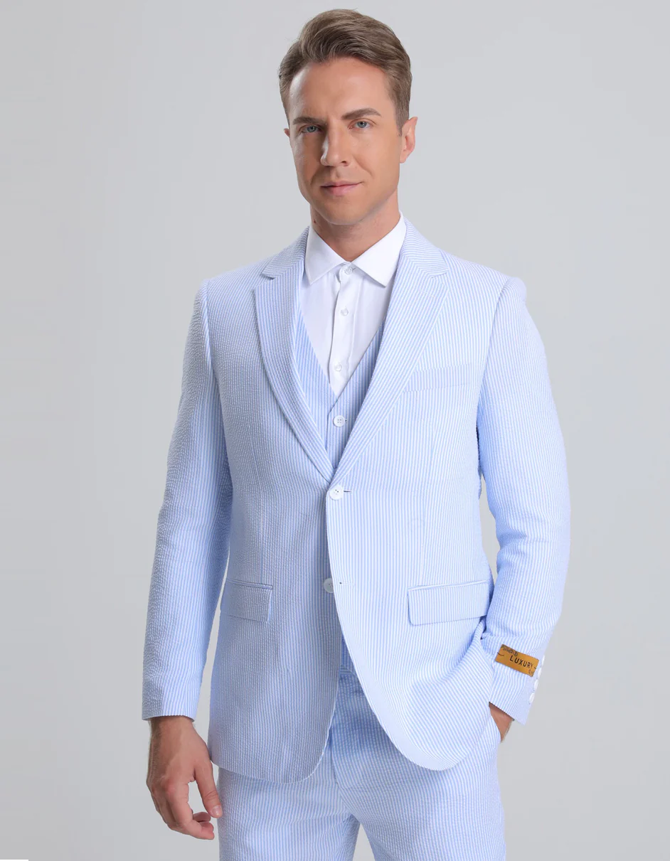 Mens Vested Summer Seersucker Suit Blue Pinstripe