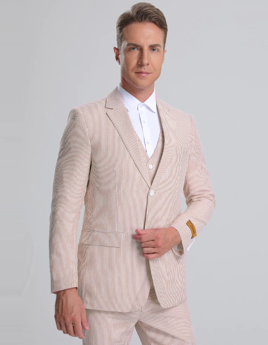 Kentucky Derby Seersucker Suits For Men - Big and Tall Seersucker Suit Mens Vested Summer Seersucker Suit in Tan Pinstripe