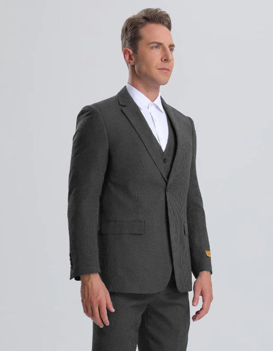 Kentucky Derby Seersucker Suits For Men - Big and Tall Seersucker Suit Mens Vested Summer Seersucker Suit in Black on Black Pinstripe