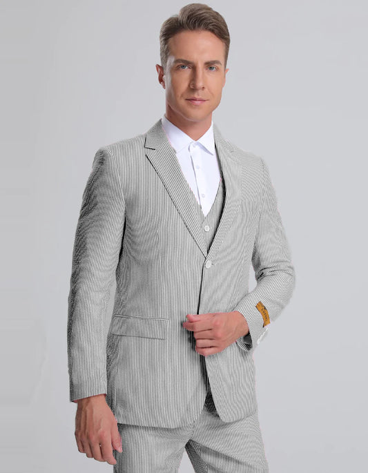 Kentucky Derby Seersucker Suits For Men - Big and Tall Seersucker Suit Mens Vested Summer Seersucker Suit in Black Pinstripe