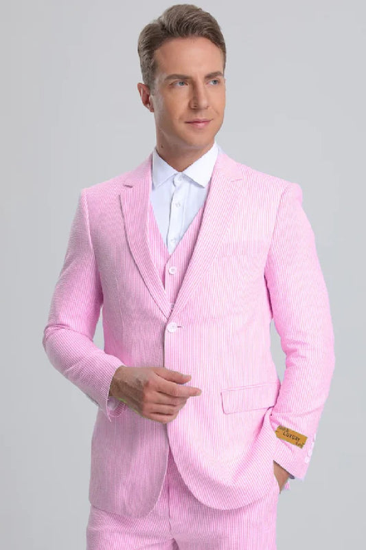 Best Mens Vested Summer Seersucker Suit in Pink Pinstripe - For Men  Fashion Perfect For Wedding or Prom or Business  or Church Pink Prom Suits