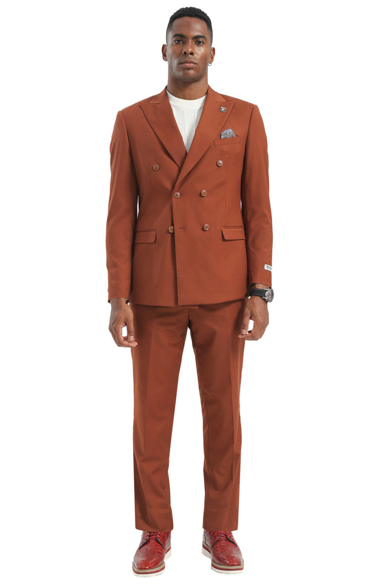 Men's Designer Stacy Adams Classic Double Breasted Suit in Brown Rust - 34 Regular