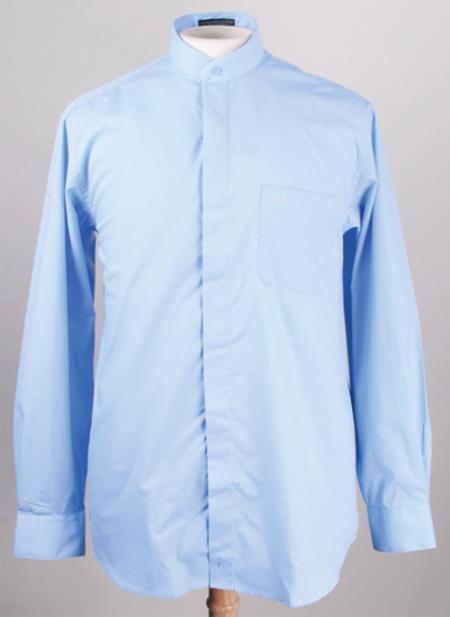 Light Blue Oriental Mao Chines Style Collarless Mandarin Preacher Banded Collar Men's Dress Shirt