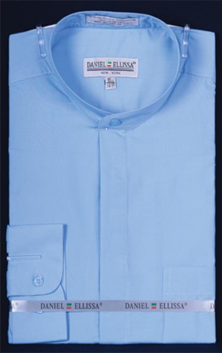 Banded Preacher Round Style Mandarin Collarless Light Blue Oriental Mao Chines Style Men's Dress Shirt
