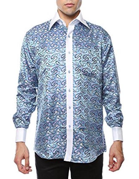 Shiny Satin Floral Spread Collar Paisley Dress Club Clubbing Clubwear Shirts Flashy Stage Colored Two Toned Woven Casual Light Blue-White Men's Dress Shirt