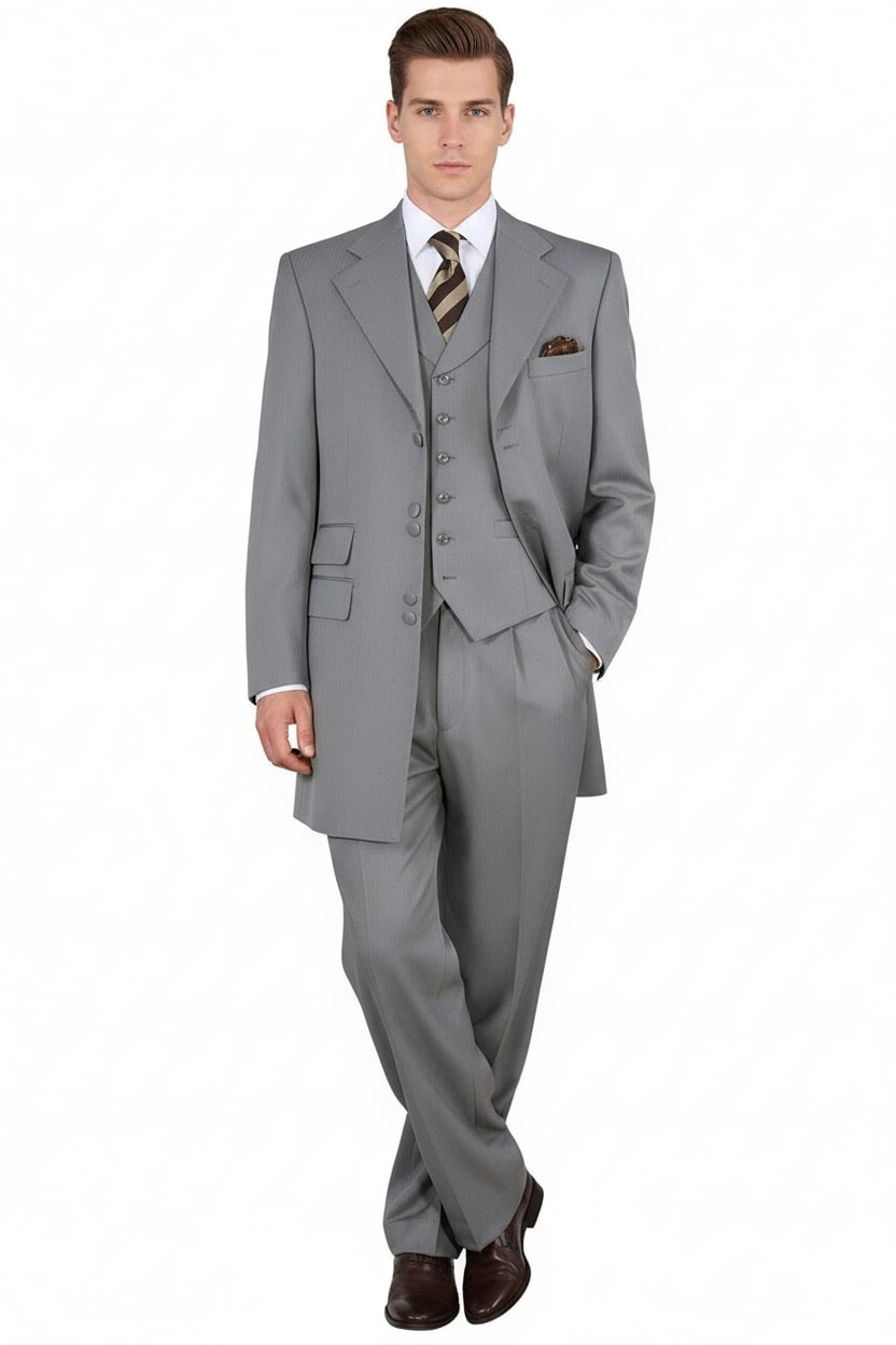 Mens Zoot Suit - Light Gray 3-Piece Suit with Vest – Classic Business and Wedding Formal Wear - 1920s Fashion - 34 Short or Extra Small