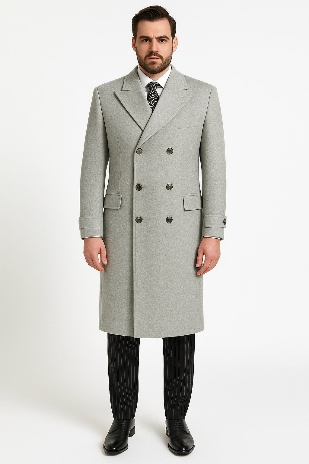Mens Light Gray Double-Breasted Wool Overcoat â€“ Classic Long Dress Coat for Winter - Coat Size 38