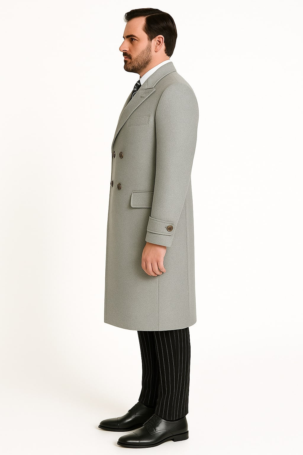 Mens Light Gray Double-Breasted Wool Overcoat â€“ Classic Long Dress Coat for Winter - Coat Size 38