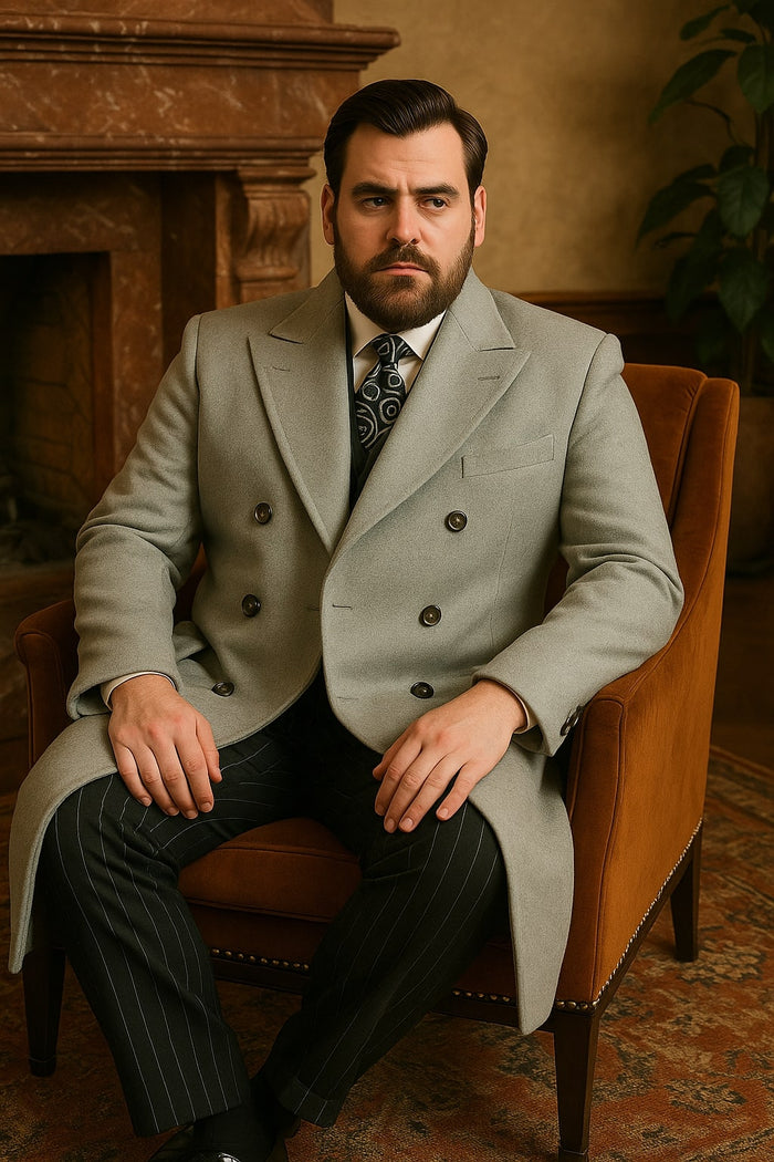 Mens Light Gray Double-Breasted Wool Overcoat â€“ Classic Long Dress Coat for Winter