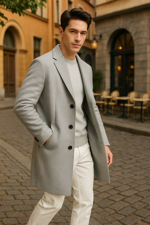 Mens Light Gray Wool Overcoat â€“ Classic Single-Breasted Winter Coat