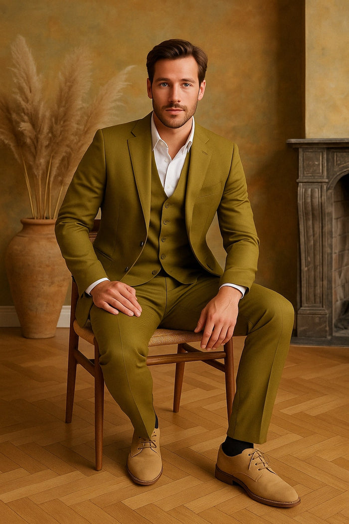 Mens Light Olive Green Linen Suit Three-Piece Style  â€“ Formal Suit with Vest and Flat Front Pants