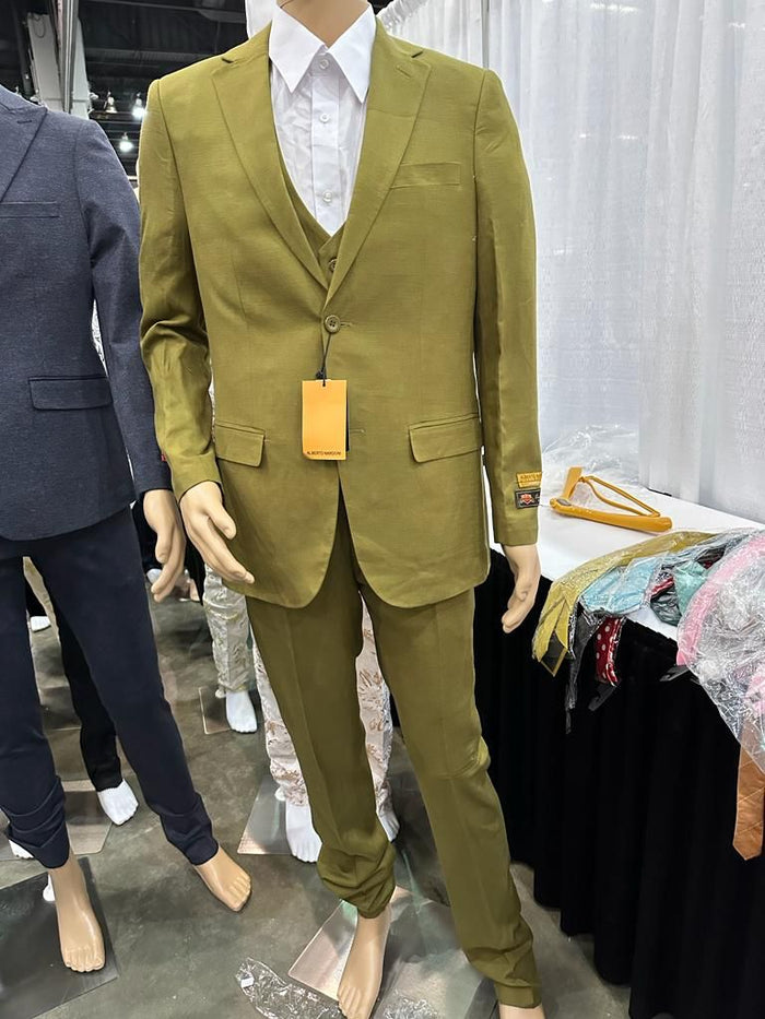 Mens Light Olive Green Linen Suit Three-Piece Style  â€“ Formal Suit with Vest and Flat Front Pants