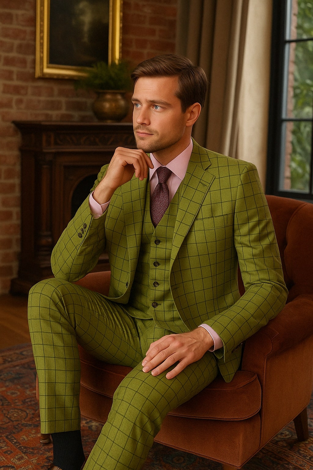 Mens Light Olive Green Three-Piece Plaid Suit with Notch Lapel - Sage Green Windowpane Pattern - 34 Short or Extra Small
