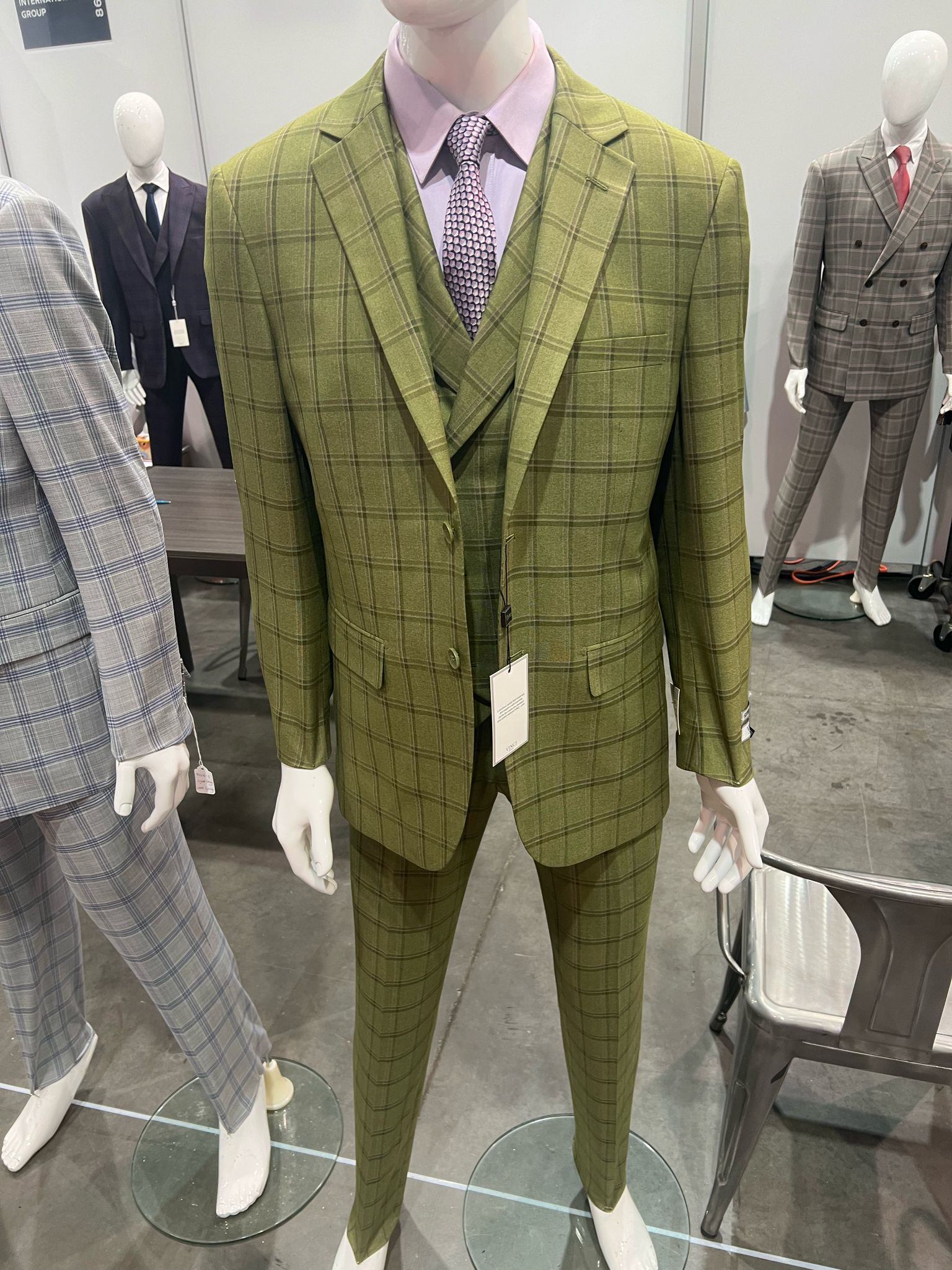 Mens Light Olive Green Three-Piece Plaid Suit with Notch Lapel - Sage Green Windowpane Pattern - 34 Short or Extra Small