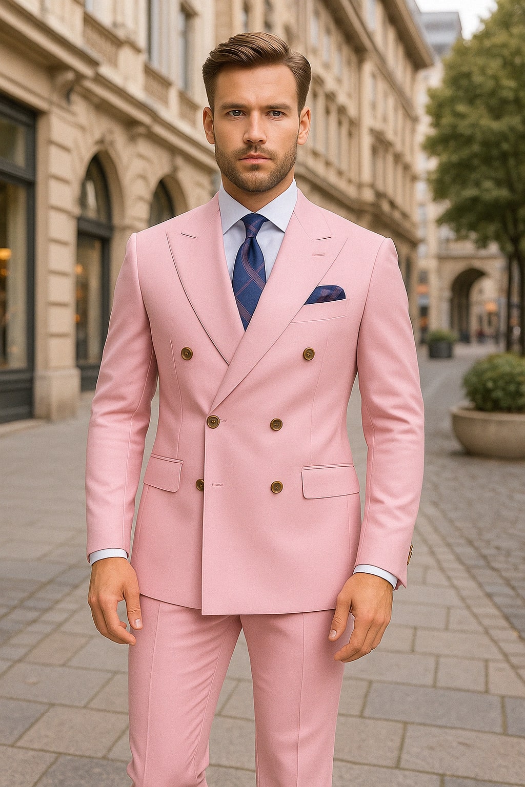 Mens Light Pink Double-Breasted Suit with Gold Buttons â€“ 2-Piece Slim Fit Set - 34 Short or Extra Small