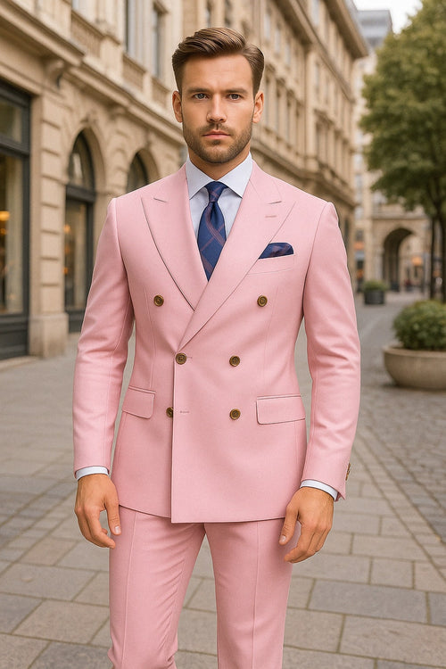 Mens Light Pink Double-Breasted Suit with Gold Buttons â€“ 2-Piece Slim Fit Set