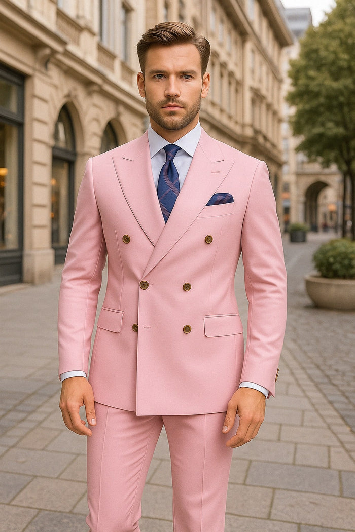Mens Light Pink Double-Breasted Suit with Gold Buttons â€“ 2-Piece Slim Fit Set