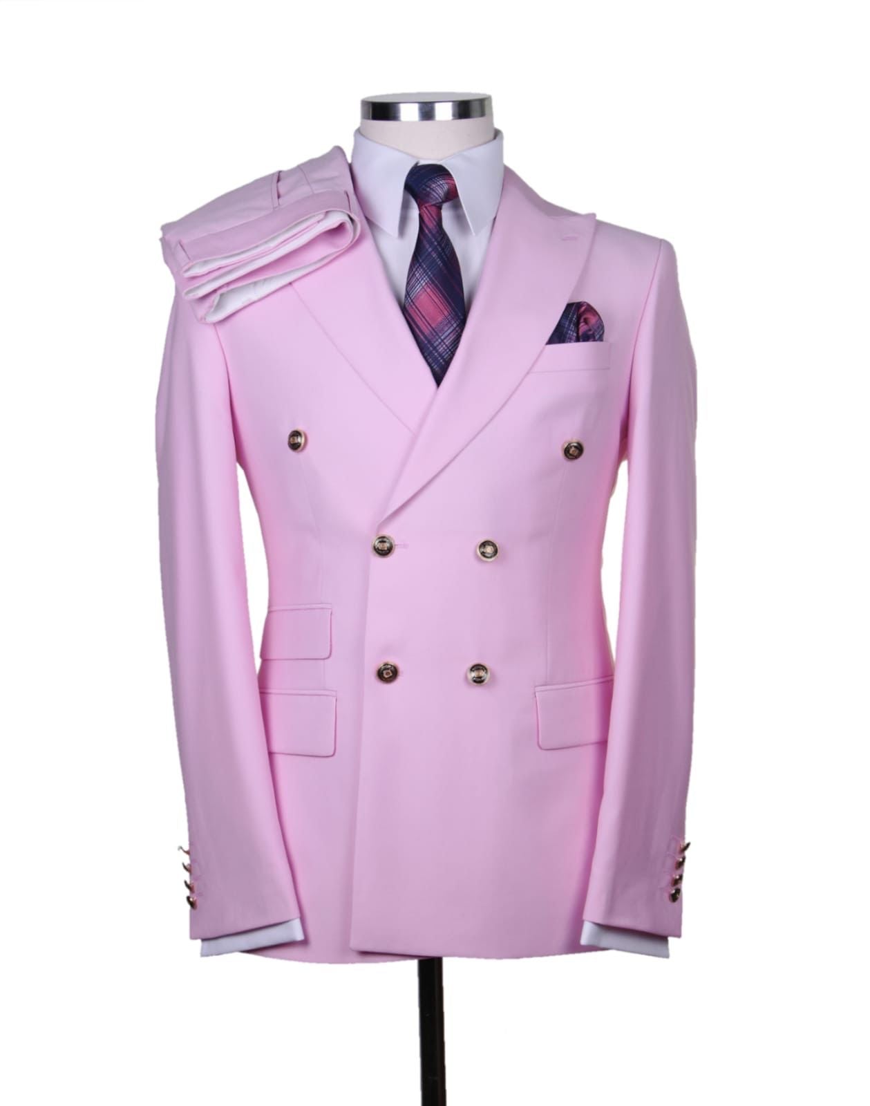 Mens Light Pink Double-Breasted Suit with Gold Buttons – 2-Piece Slim Fit Set - 34 Short or Extra Small